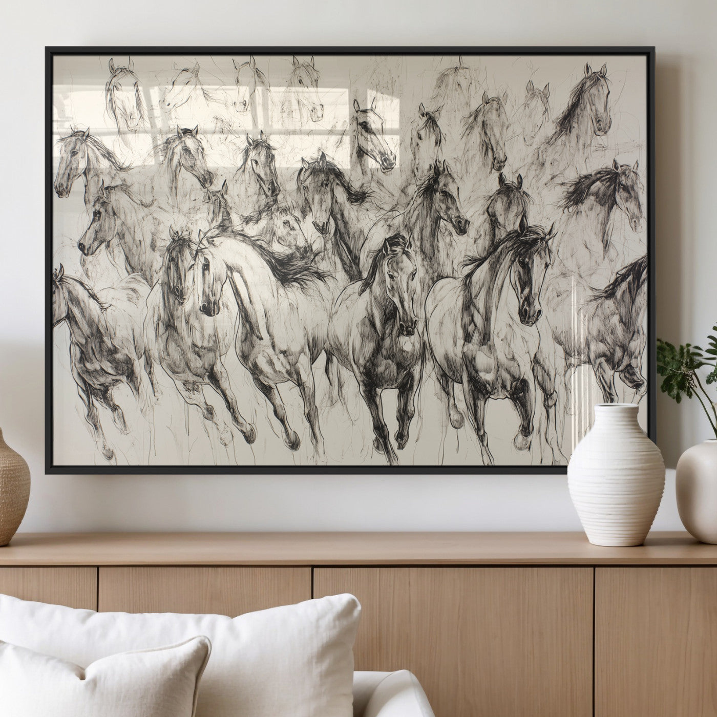 19433417-MGV-FP-36X24-3P_Black-Running Horses Wall Art Canvas Print, Framed Horse Sketch Art Picture Print, Galloping Herd Perfect Monochrome Western Decor