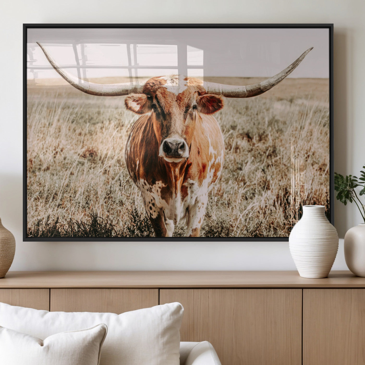 54986862-MGV-FP-60X30-3P_Black-Majestic Longhorn Wall Art – Canvas Print of Graceful Strength & Bold Spirit, Wild Plains Beauty Nature Inspired Rustic Decor for