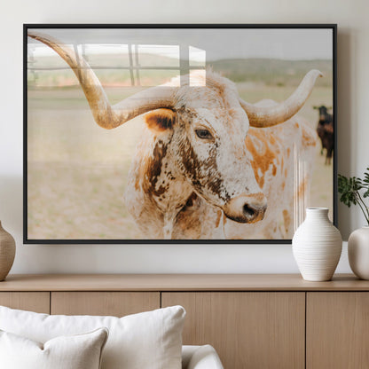 21060648-MGV-FP-36X24-3P_Black-Texas Longhorn Wall Art Canvas Print, Framed Speckled Cow Art Picture Print, Rustic Bull Perfect Rustic Western Decor Artwork