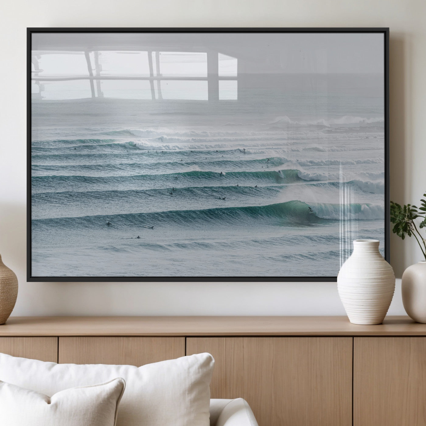 73969318-MGV-FP-60X30-3P_Black-Ocean Waves Wall Art Canvas Print, Framed Surfer Lineup Art Picture Print, Crowded Ocean Perfect Minimal Coastal Decor Artwork