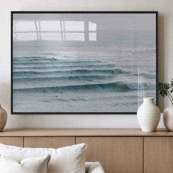 73969318-MGV-FP-60X30-3P_Black-Ocean Waves Wall Art Canvas Print, Framed Surfer Lineup Art Picture Print, Crowded Ocean Perfect Minimal Coastal Decor Artwork