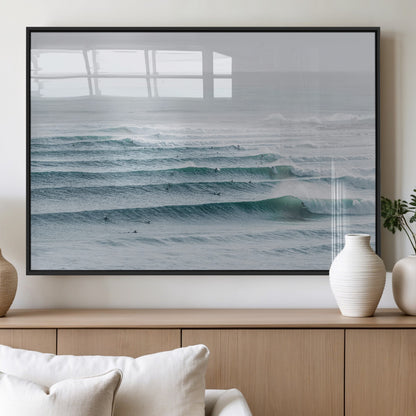 73969318-MGV-FP-36X24-3P_Black-Ocean Waves Wall Art Canvas Print, Framed Surfer Lineup Art Picture Print, Crowded Ocean Perfect Minimal Coastal Decor Artwork