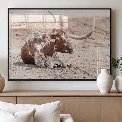 25407592-MGV-FP-60X30-3P_Black-Texas Longhorn Wall Art Canvas Print, Framed Resting Bull Art Picture Print, Spotted Cattle Perfect Rustic Western Decor Artwork