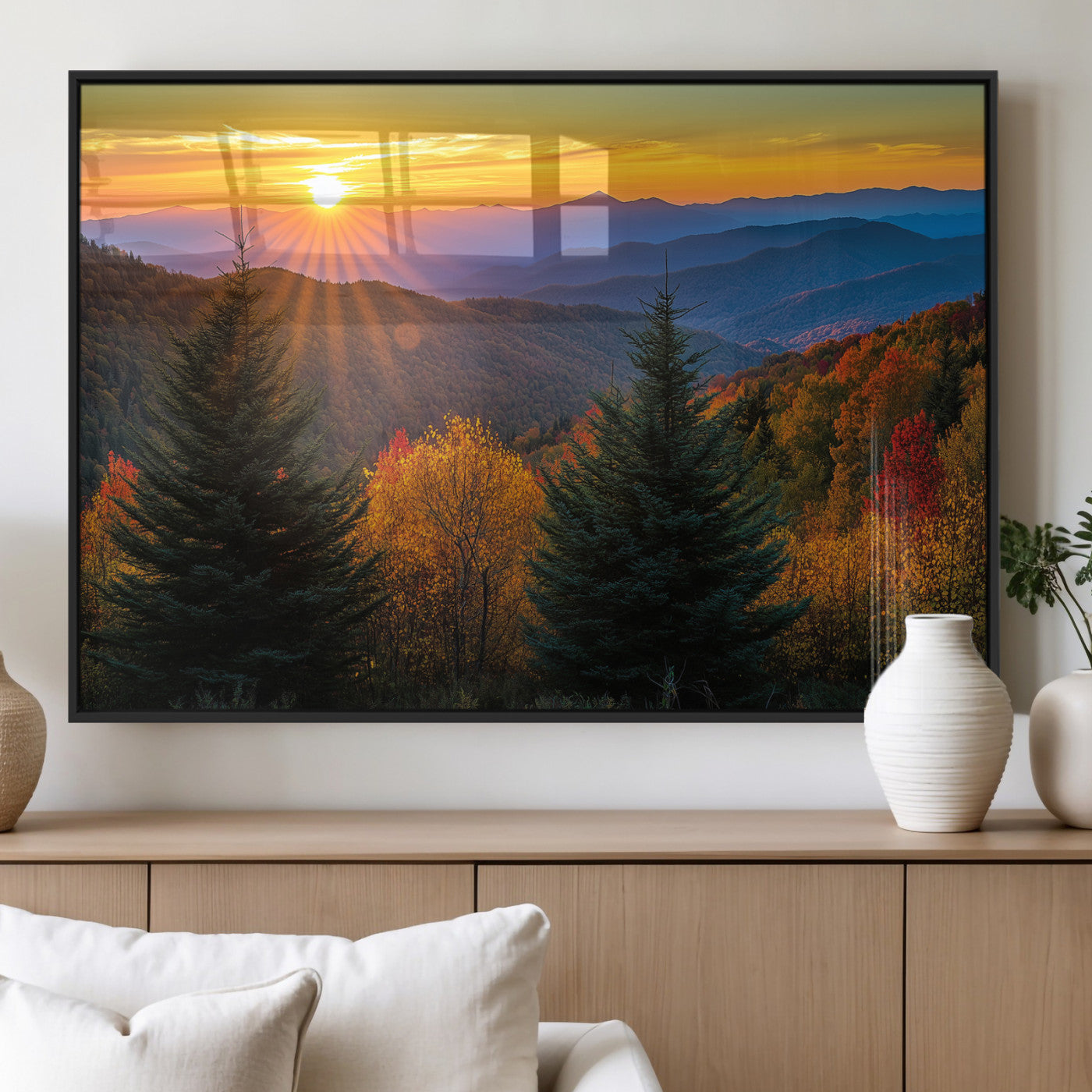 36964931-MGV-FP-60X30-3P_Black-Autumn Mountains Wall Art Canvas Print, Framed Sunset Glow Forest Art Picture Print, Golden Trees Perfect Vibrant Nature Decor