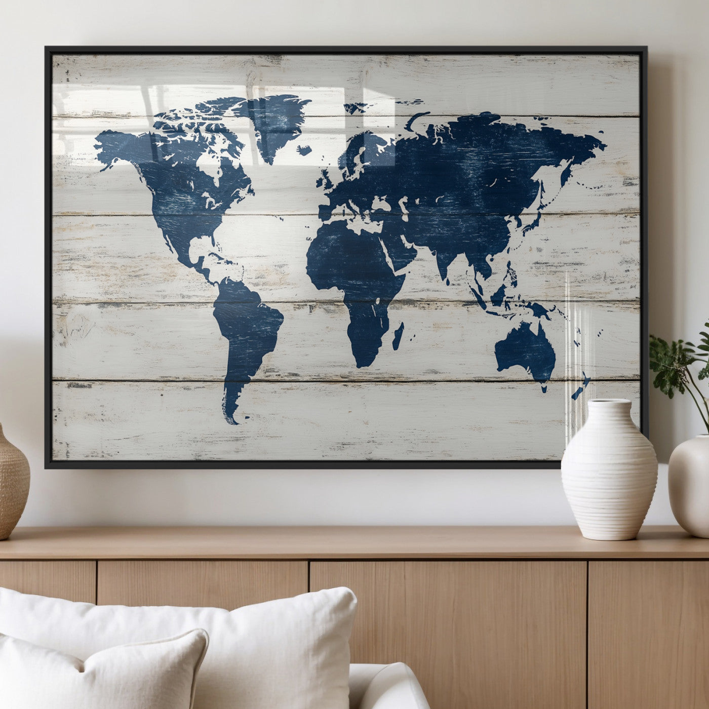 42865106-MGV-FP-60X30-3P_Black-World Map Wall Art Canvas Print, Framed Wooden Map Art Picture Print, Dark Blue Continents Perfect Vintage Decor Artwork