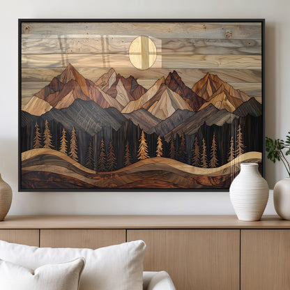 50100230-MGV-FP-36X24-3P_Black-Wooden Mountain Wall Art – Rustic Nature Landscape Canvas Print, Handmade Style Sun, Forest, and Peaks Artwork for Living Room,