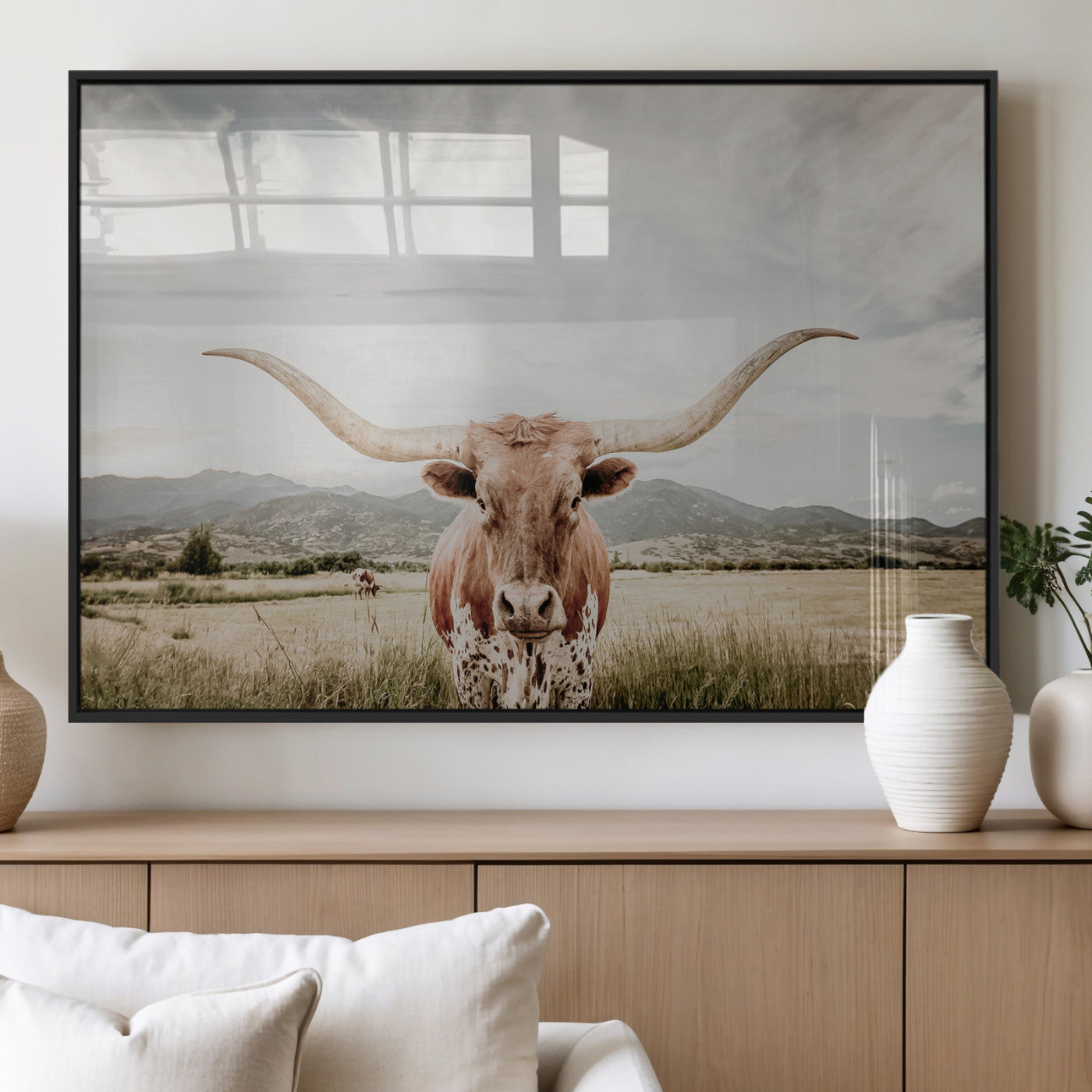 80054319-MGV-FP-36X24-3P_Black-Longhorn Wall Art – Rustic Western Canvas Print, Majestic Bull Artwork for Farmhouse, Ranch or Living Room