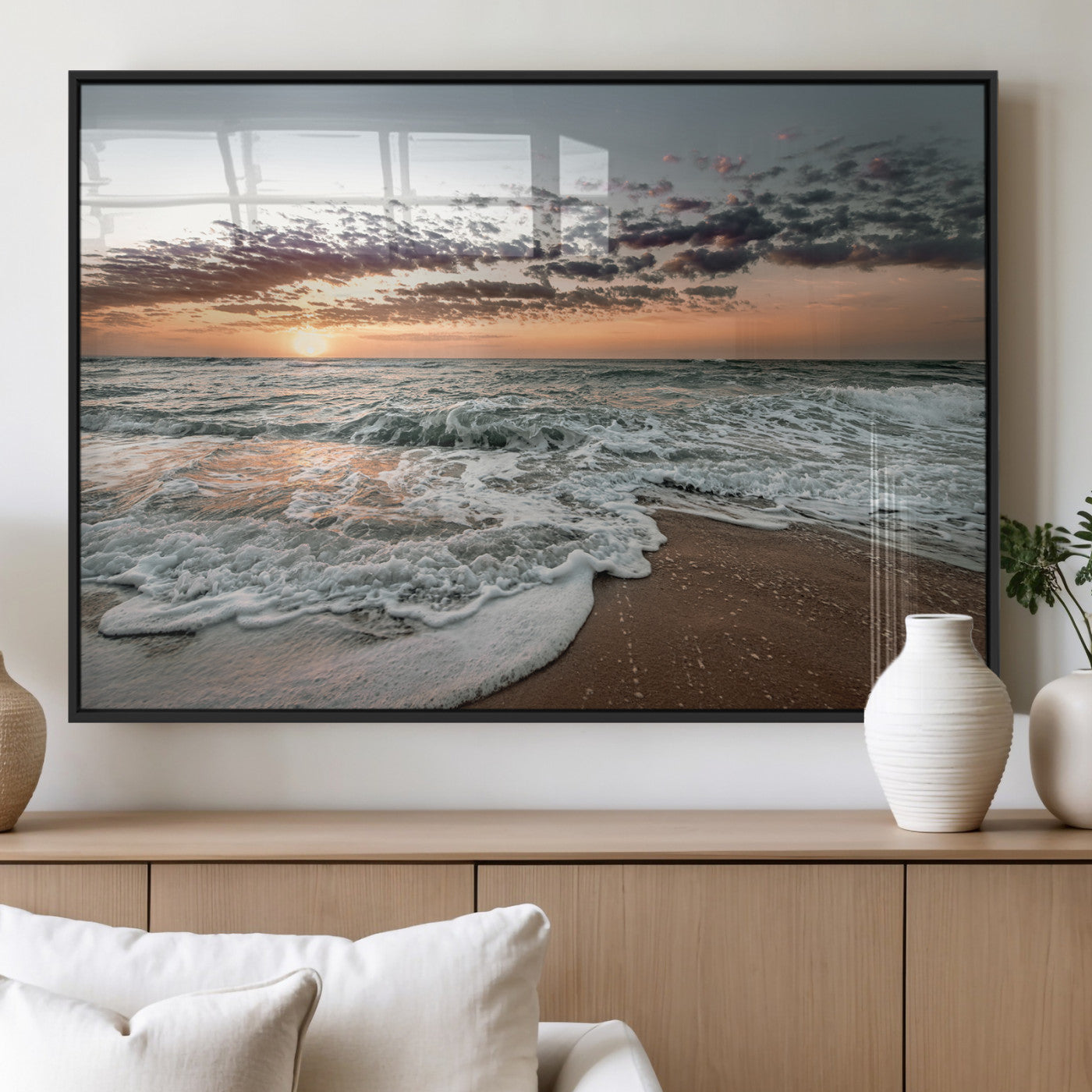 40632752-MGV-FP-36X24-3P_Black-Ocean Sunset Wall Art Canvas Print, Framed Beach Waves Art Picture Print, Coastal Scene Perfect Coastal Decor Artwork
