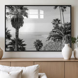 89458520-MGV-FP-60X30-3P_Black-Palm Trees Wall Art Canvas Print, Framed Coastal View Art Picture Print, Ocean Horizon Perfect Monochrome Coast Decor Artwork