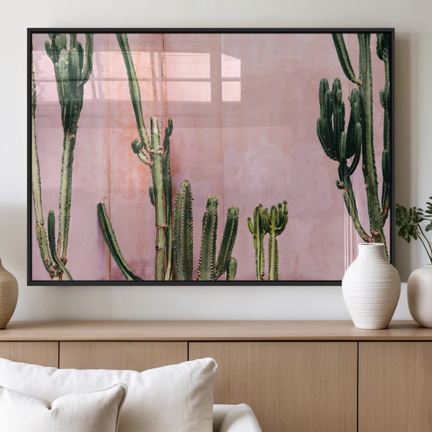 93119502-MGV-FP-36X24-3P_Black-Tall Cactus Wall Art Canvas Print, Framed Pink Wall Art Picture Print, Cactus Lines Perfect Modern Desert Decor Artwork