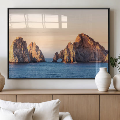 72996116-MGV-FP-60X30-3P_Black-El Arco Wall Art Canvas Print, Framed Cabo Rocks Art Picture Print, Ocean Arch Perfect Golden Coastal Landmark Decor Artwork