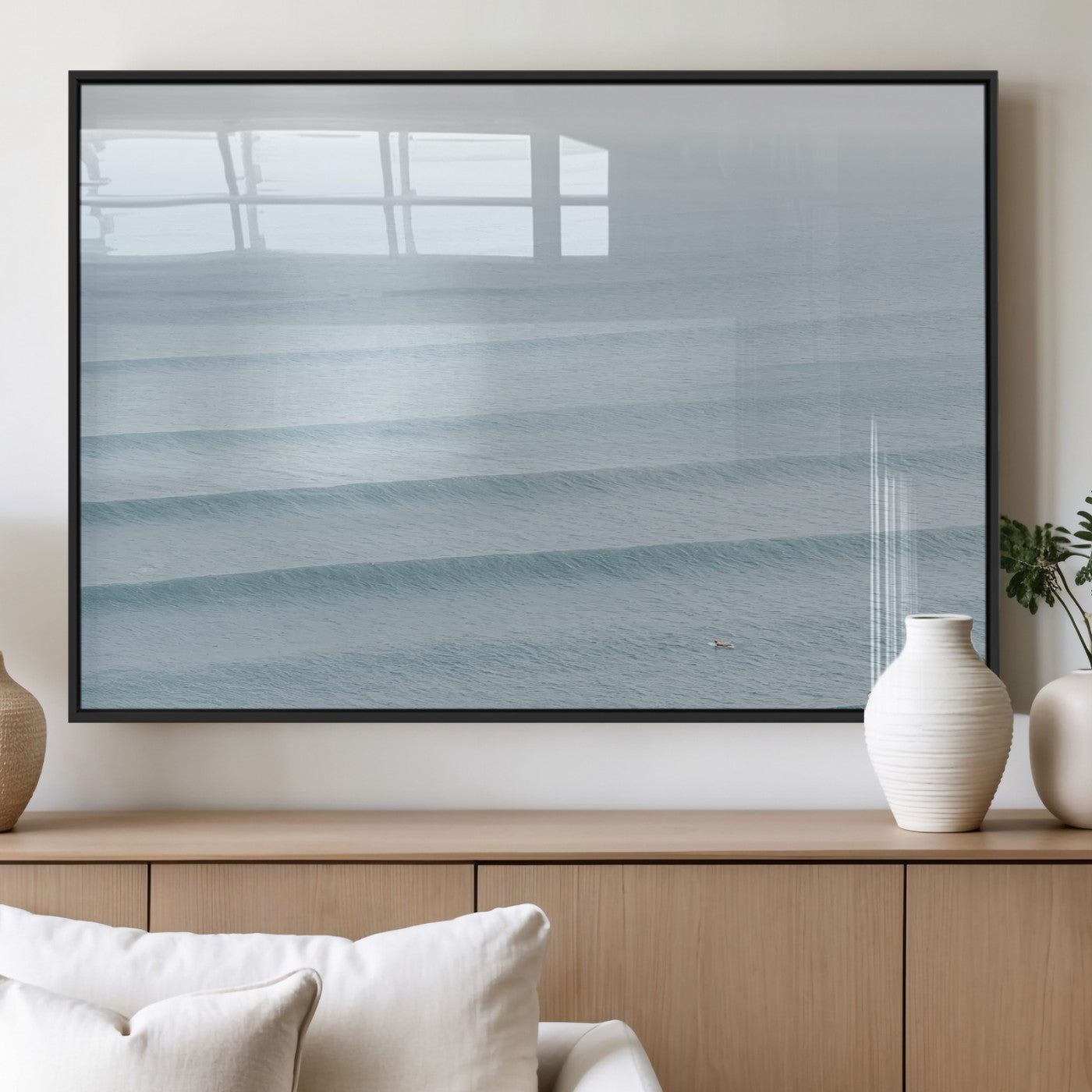 47814787-MGV-FP-60X30-3P_Black-Ocean Waves Wall Art Canvas Print, Framed Solo Surfer Art Picture Print, Wave Lines Perfect Minimalist Ocean Decor Artwork