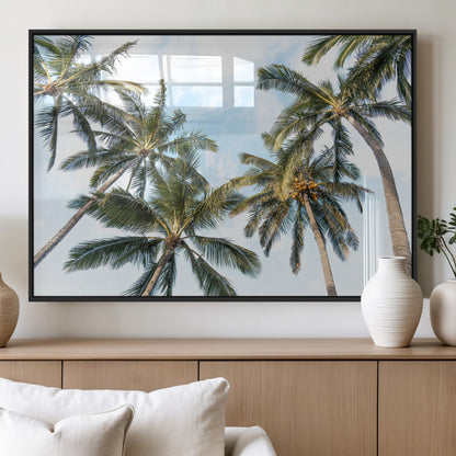 87247012-MGV-FP-60X30-3P_Black-Skyward Palm Trees Wall Art Canvas Print, Framed Tropical Sky Art Picture Print, Coconut Palm Perfect Tropical Skyview Decor