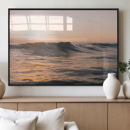 46299358-MGV-FP-60X30-3P_Black-Sunset Waves Wall Art Canvas Print, Framed Ocean Horizon Art Picture Print, Golden Water Perfect Golden Hour Coastal Decor Artwork