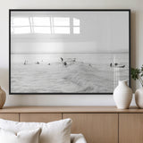33449548-MGV-FP-60X30-3P_Black-Group Surfers Wall Art Canvas Print, Framed Ocean Wave Art Picture Print, Surf Crowd Perfect Monochrome Surf Decor Artwork