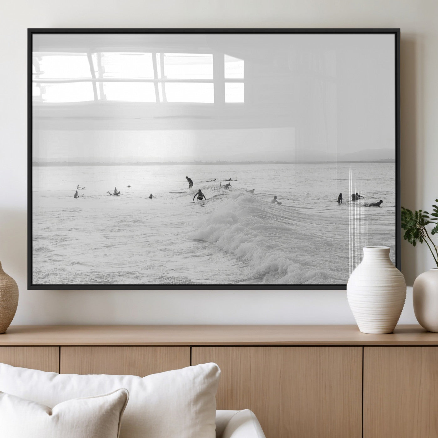 33449548-MGV-FP-36X24-3P_Black-Group Surfers Wall Art Canvas Print, Framed Ocean Wave Art Picture Print, Surf Crowd Perfect Monochrome Surf Decor Artwork