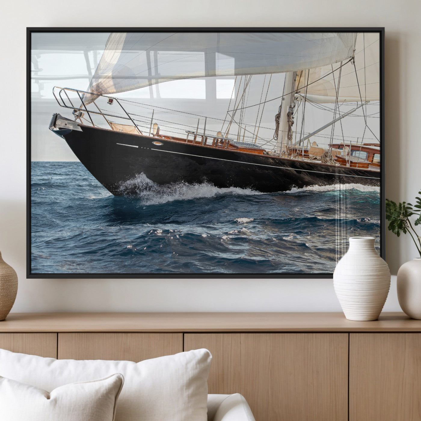 97168626-MGV-FP-60X30-3P_Black-Sailing Yacht Wall Art Canvas Print, Framed Wooden Yacht Art Picture Print, Ocean Waves Perfect Nautical Coastal Decor Artwork