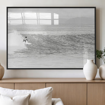 81535128-MGV-FP-60X30-3P_Black-Surfer Woman Wall Art Canvas Print, Framed Black Ocean Art Picture Print, Ocean Surfing Perfect Monochrome Coastal Decor Artwork