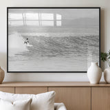 81535128-MGV-FP-36X24-3P_Black-Surfer Woman Wall Art Canvas Print, Framed Black Ocean Art Picture Print, Ocean Surfing Perfect Monochrome Coastal Decor Artwork