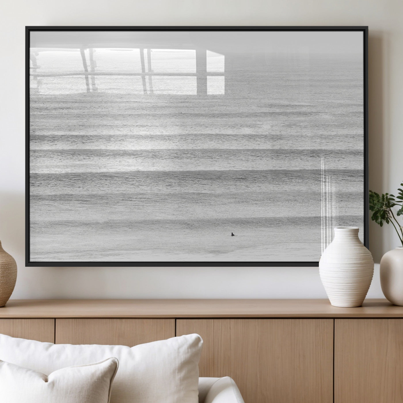 66534476-MGV-FP-60X30-3P_Black-Lone Surfer Wall Art Canvas Print, Framed Ocean Waves Art Picture Print, Minimal Sea Perfect Minimal Coastal Decor Artwork