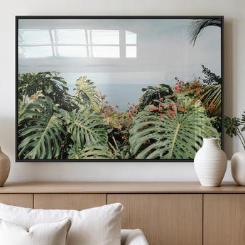 45700479-MGV-FP-60X30-3P_Black-Monstera Leaves Wall Art Canvas Print, Framed Tropical Ocean Art Picture Print, Tropical Foliage Perfect Tropical Coastal Jungle