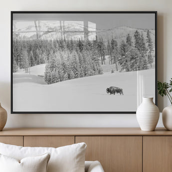 68081143-MGV-FP-60X30-3P_Black-Snowy Bison Wall Art Canvas Print, Framed Winter Forest Art Picture Print, Lone Bison Perfect Monochrome Winter Wild Decor Artwork