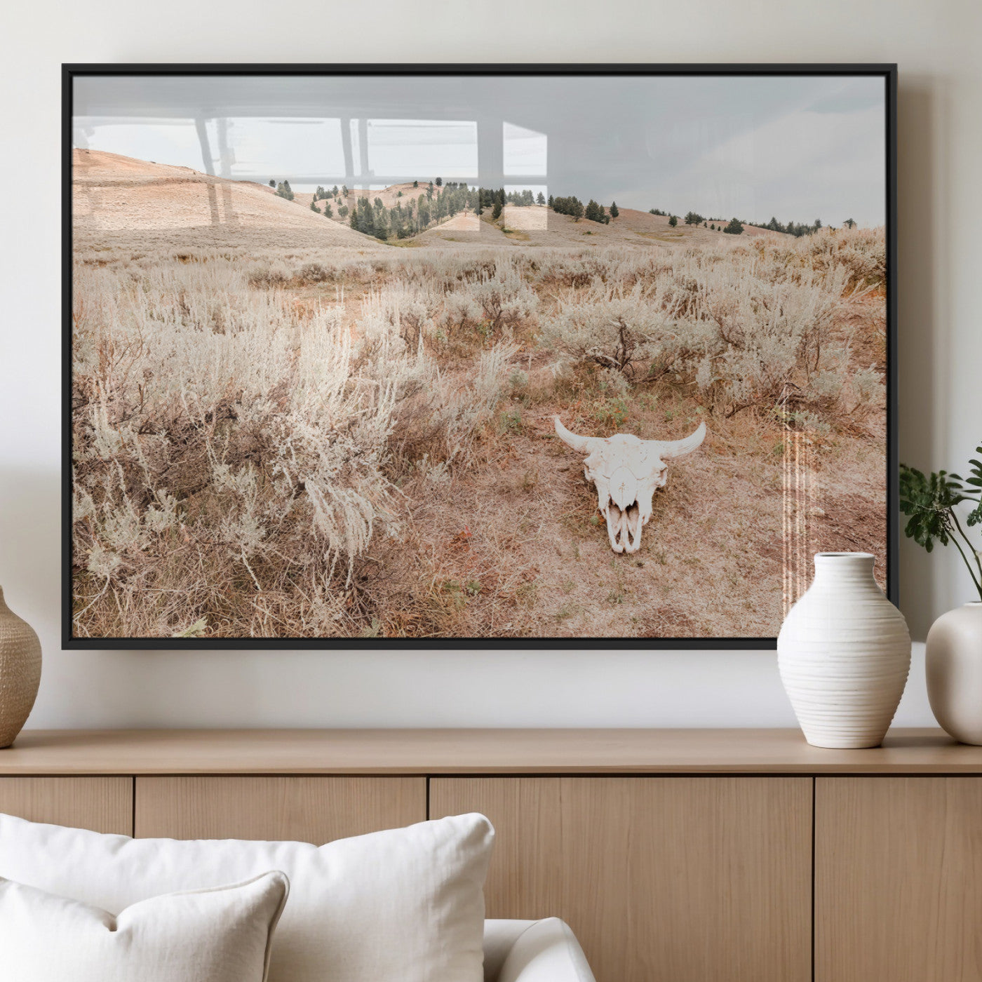 97234735-MGV-FP-60X30-3P_Black-Rustic Bones Wall Art Canvas Print, Framed Desert Sage Art Picture Print, Prairie Skull Perfect Minimal Rustic Decor Artwork