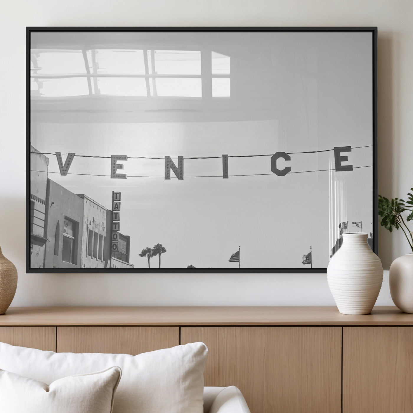 68254589-MGV-FP-60X30-3P_Black-Venice Sign Wall Art Canvas Print, Framed Venice Letters Art Picture Print, Los Angeles Perfect Minimalist Urban Decor Artwork