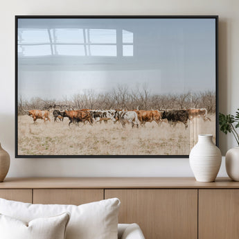 16563092-MGV-FP-60X30-3P_Black-Texas Longhorns Wall Art Canvas Print, Framed Western Cattles Art Picture Print, Rustic Herd Perfect Rustic Farmhouse Decor