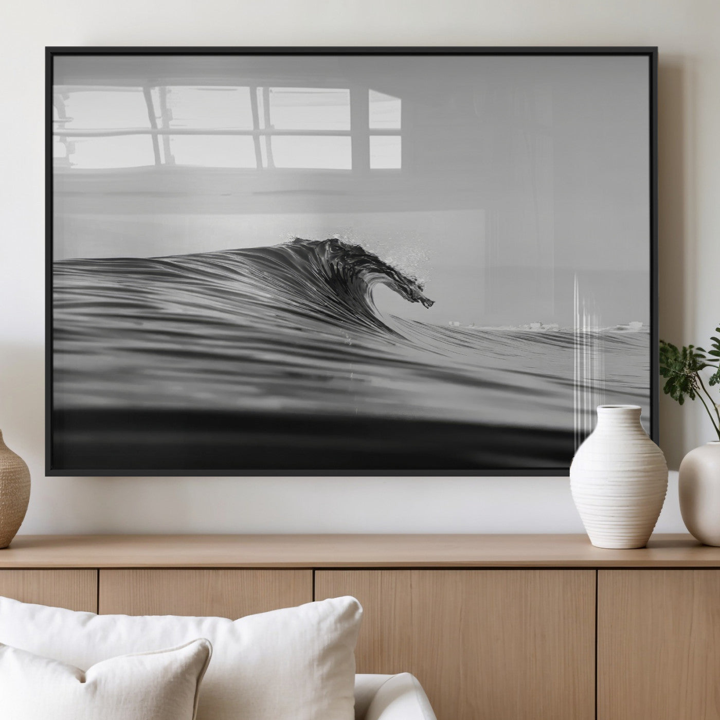 24029476-MGV-FP-36X24-3P_Black-Black Wave Wall Art Canvas Print, Framed Abstract Surf Art Picture Print, Minimalist Ocean Perfect Minimalist Coastal Decor
