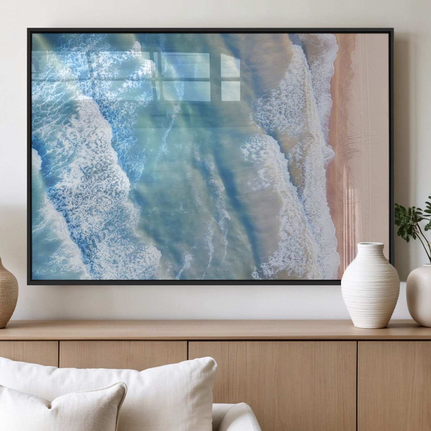 17641845-MGV-FP-36X24-3P_Black-Aerial Ocean Wall Art Canvas Print, Framed Blue Waves Art Picture Print, Sandy Shoreline Perfect Modern Coastal Decor Artwork