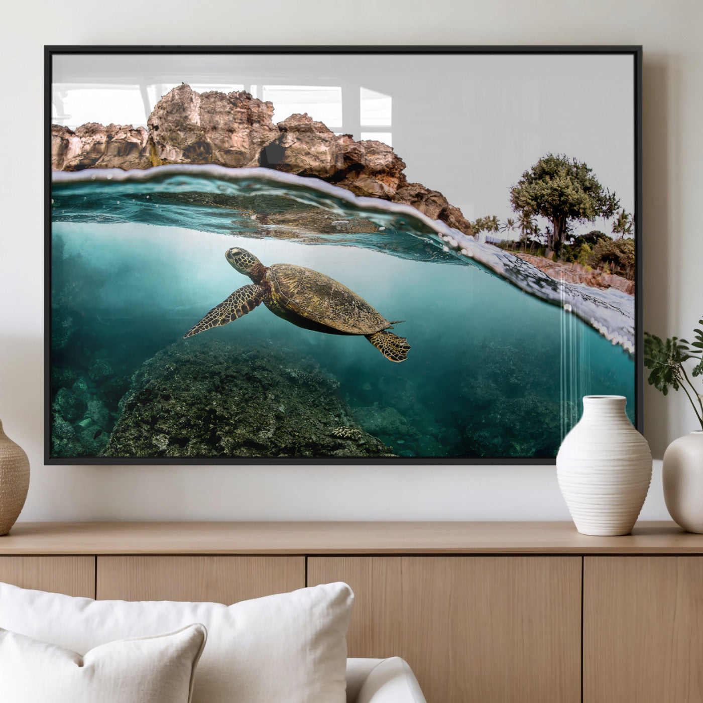 44200301-MGV-FP-36X24-3P_Black-Sea Turtle Swim Wall Art Canvas Print, Framed Ocean Life Art Picture Print, Tropical Shoreline Perfect Tropical Coastal Decor