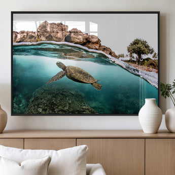 44200301-MGV-FP-36X24-3P_Black-Sea Turtle Swim Wall Art Canvas Print, Framed Ocean Life Art Picture Print, Tropical Shoreline Perfect Tropical Coastal Decor