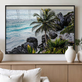 94669907-MGV-FP-60X30-3P_Black-Tropical Coastline Wall Art Canvas Print, Framed Palm Tree Art Picture Print, Rocky Beach Perfect Tropical Coastal Decor Artwork