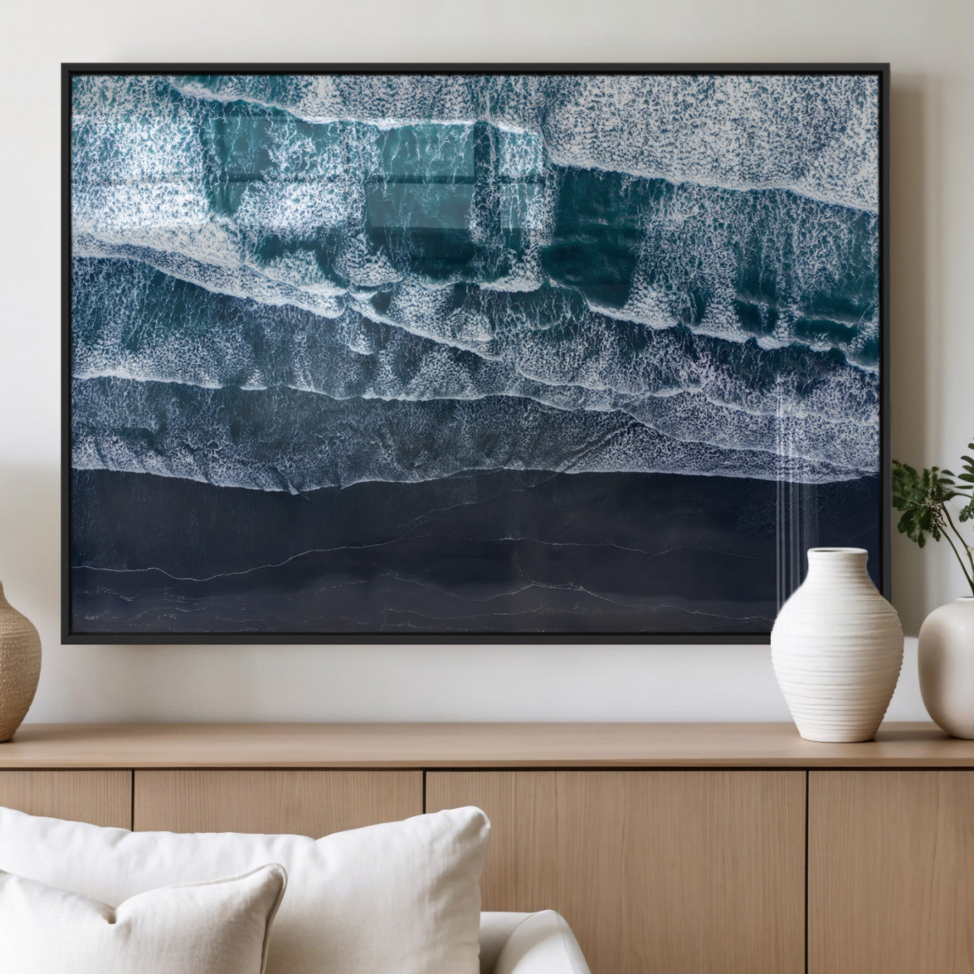 87941475-MGV-FP-36X24-3P_Black-Black Beach Wall Art Canvas Print, Framed Aerial Ocean Art Picture Print, Moody Coastal Perfect Modern Coastal Decor Artwork