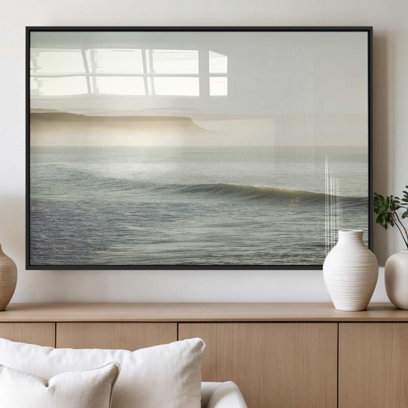 39310633-MGV-FP-60X30-3P_Black-Coastal Cliffs Wall Art Canvas Print, Framed Misty Ocean Art Picture Print, Morning Light Perfect Minimalistic Coastal Decor