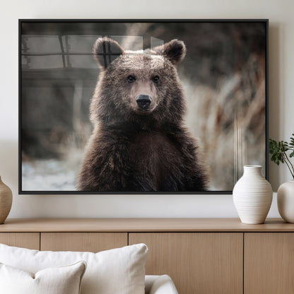 47112103-MGV-FP-60X30-3P_Black-Brown Bear Wall Art Canvas Print, Framed Forest Wildlife Art Picture Print, Woodland Bear Perfect Rustic Cabin Decor Artwork