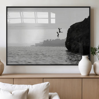 52284302-MGV-FP-36X24-3P_Black-Cliff Jumping Wall Art Canvas Print, Framed Ocean Adventure Art Picture Print, Black White Coast Perfect Modern Coastal Decor