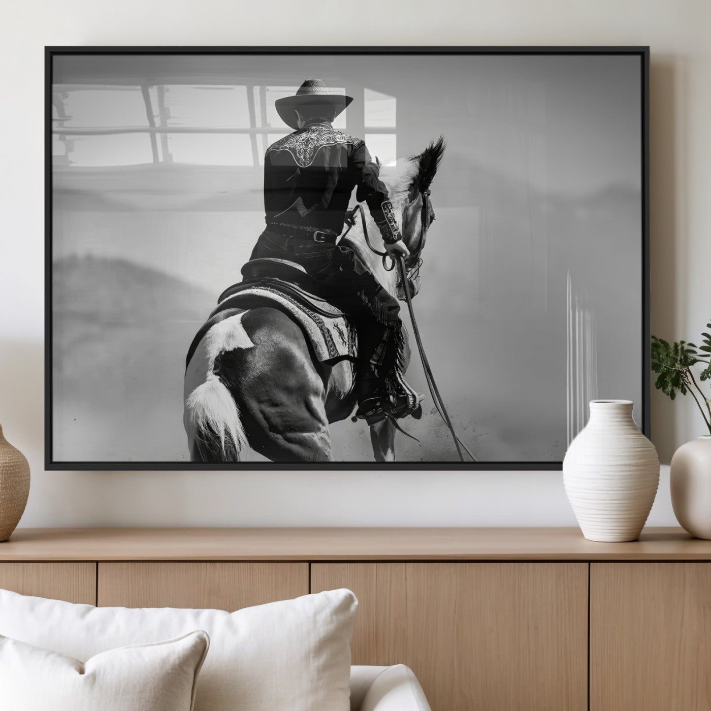 83102464-MGV-FP-60X30-3P_Black-Western Cowboy Wall Art Canvas Print, Framed Monochrome Horse Art Picture Print, Western Equestrian Perfect Rustic Western Decor