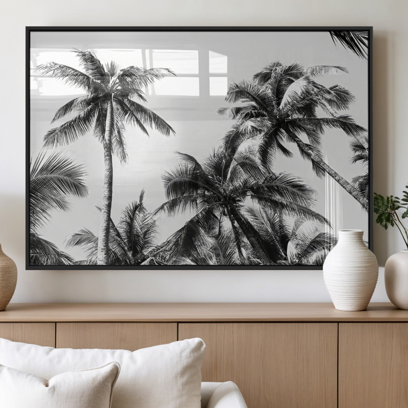 46641801-MGV-FP-60X30-3P_Black-Palm Tree Wall Art Canvas Print, Framed Black White Tropics Art Picture Print, Monochrome Palms Perfect Modern Tropical Minimalist