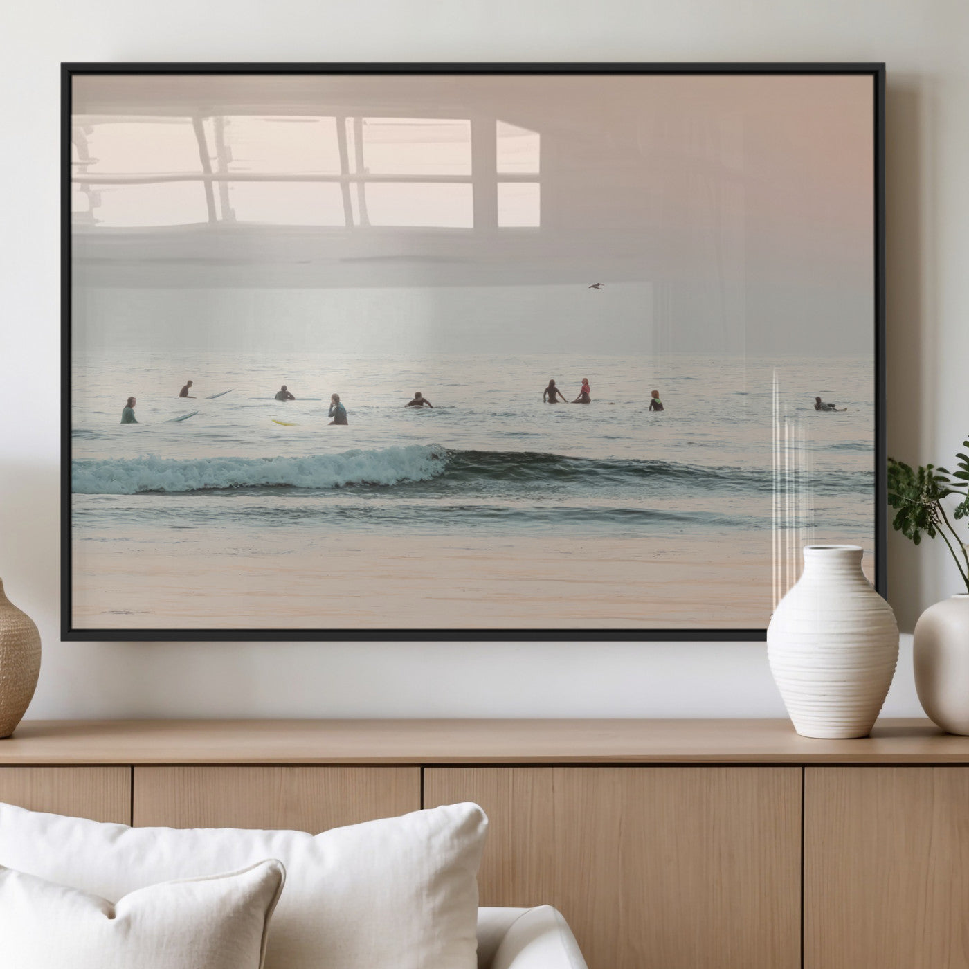 98888919-MGV-FP-60X30-3P_Black-Pastel Ocean Wall Art Canvas Print, Framed Soft Sunset Swimming Art Picture Print, Calm Sea Horizon Perfect Soft Coastal
