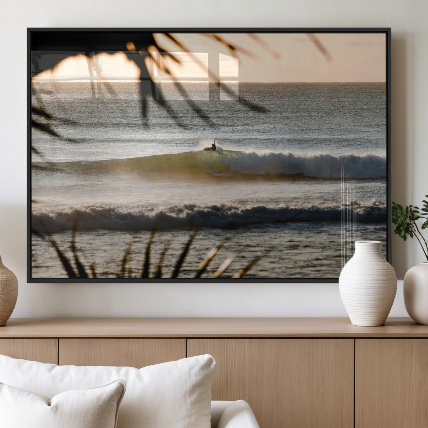 24896468-MGV-FP-60X30-3P_Black-Sunset Surf Wall Art Canvas Print, Framed Golden Waves Art Picture Print, Tropical Ocean Perfect Tropical Boho Decor Artwork