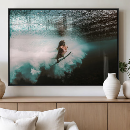 85923512-MGV-FP-36X24-3P_Black-Aquatic Motion Wall Art Canvas Print, Framed Underwater Swimming Art Picture Print, Female Surfer Diving Perfect Coastal Boho