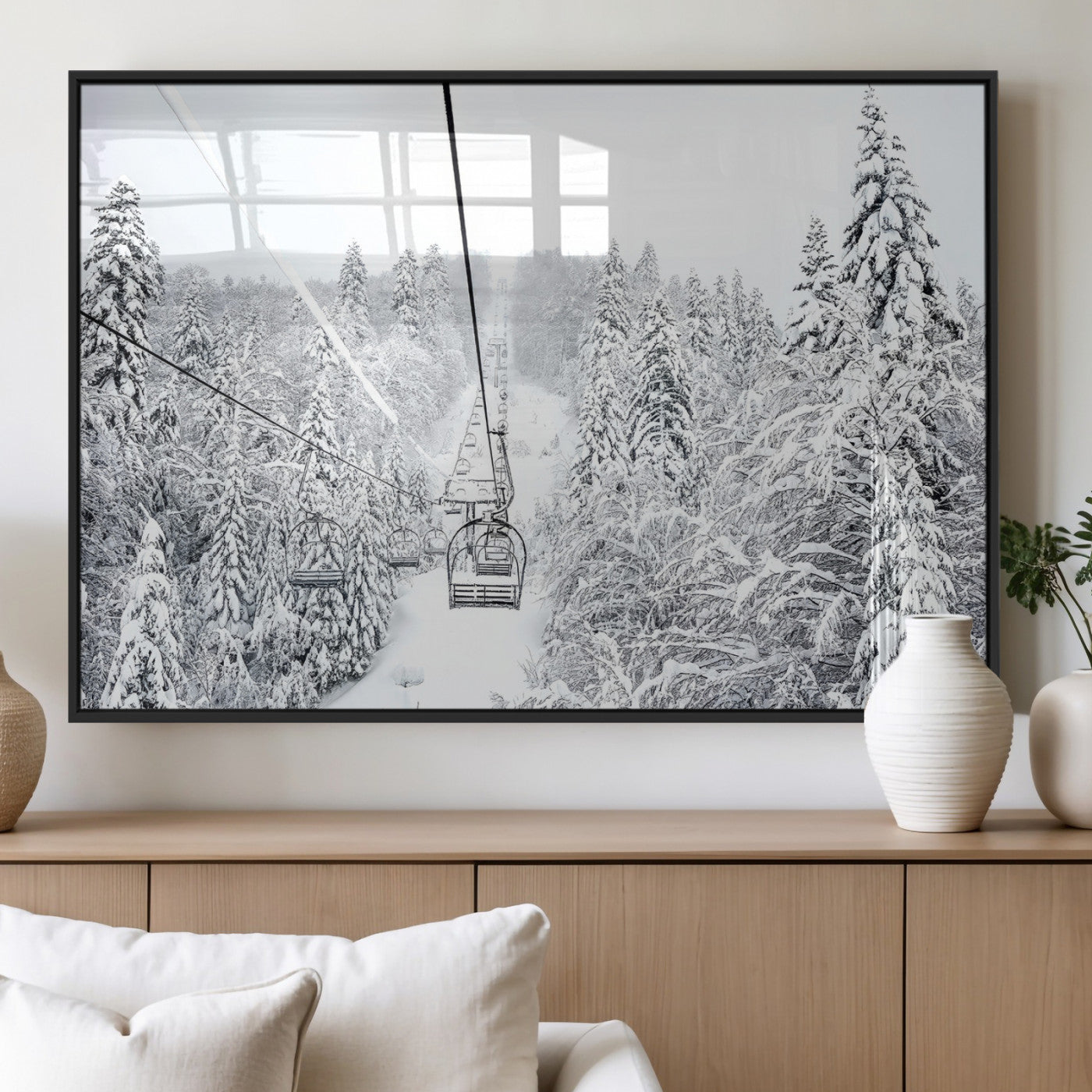 44705668-MGV-FP-36X24-3P_Black-Winter Forest Wall Art Canvas Print, Framed Snowy Forest Art Picture Print, Ski Lift Perfect Scandinavian Decor Artwork