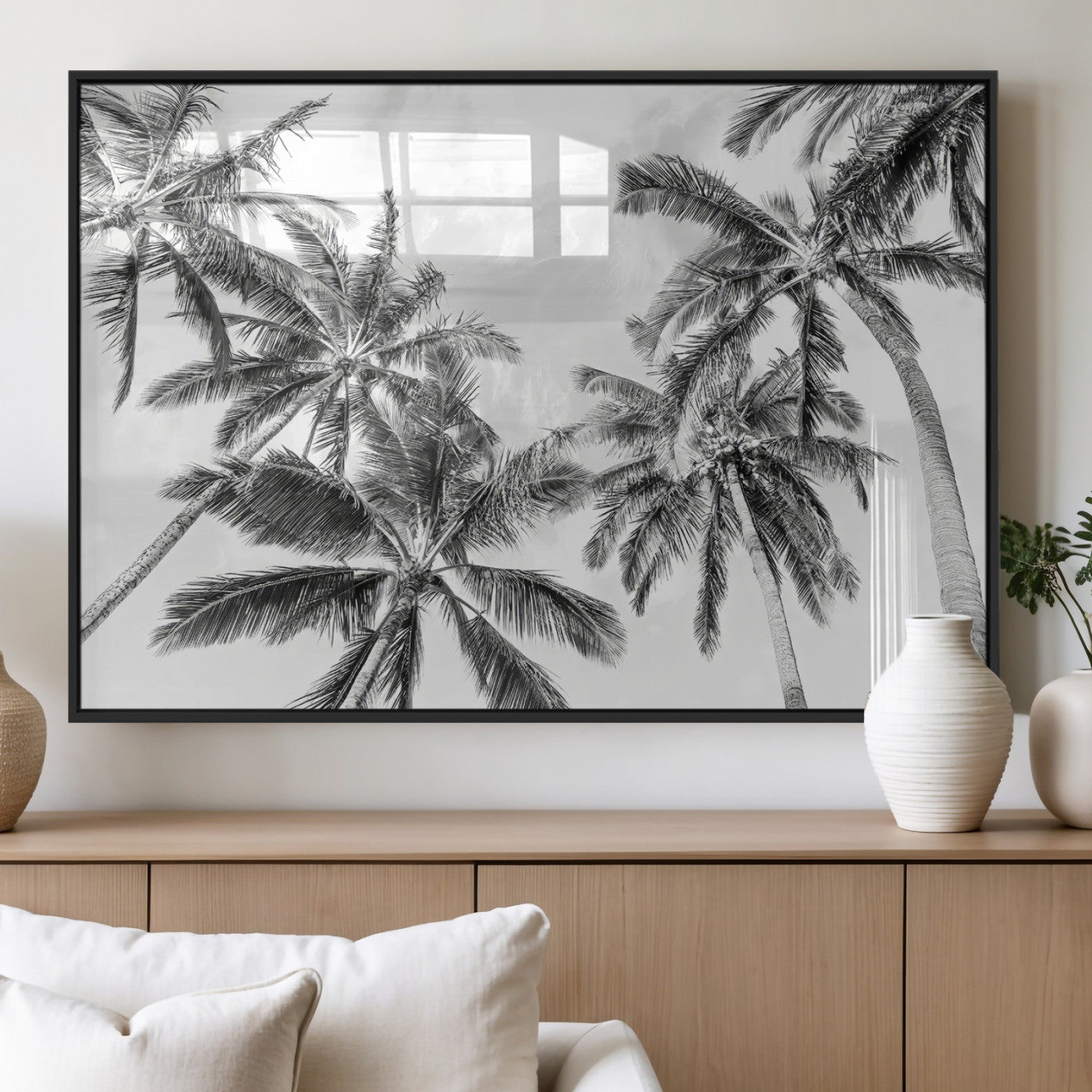 62113786-MGV-FP-60X30-3P_Black-Black White Palm Wall Art Canvas Print, Framed Monochrome Tropics Art Picture Print, Minimalist Beach Perfect Coastal Minimalist