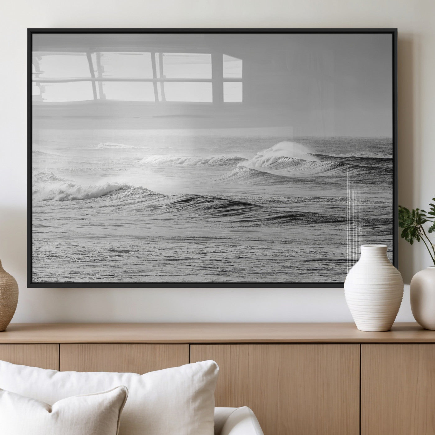 98634812-MGV-FP-36X24-3P_Black-Black and White Ocean Waves Wall Art – Minimalist Sea Canvas Print, Coastal Photography Decor for Living Room, Bedroom or Office