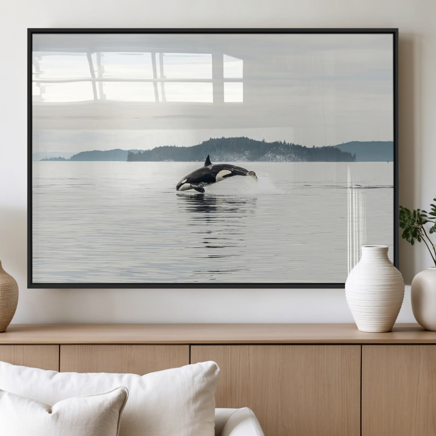 10157174-MGV-FP-60X30-3P_Black-Orca Whale Wall Art Canvas Print, Framed Black White Whale Art Picture Print, Minimalist Ocean Perfect Coastal Minimalist Decor