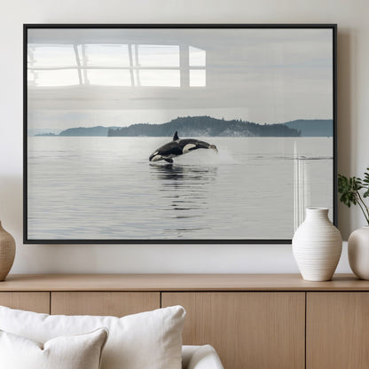 10157174-MGV-FP-36X24-3P_Black-Orca Whale Wall Art Canvas Print, Framed Black White Whale Art Picture Print, Minimalist Ocean Perfect Coastal Minimalist Decor