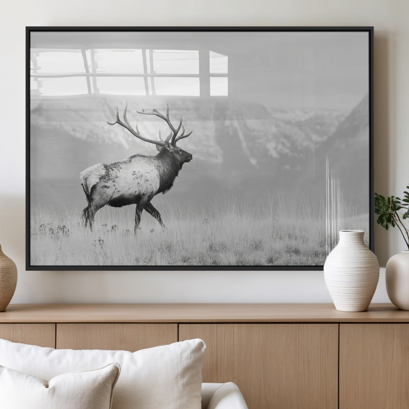 62278753-MGV-FP-36X24-3P_Black-Monochrome Elk Wall Art Canvas Print, Framed Mountain Wildlife Art Picture Print, Rustic Nature Perfect Rustic Minimalist Decor