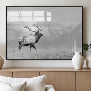 62278753-MGV-FP-36X24-3P_Black-Monochrome Elk Wall Art Canvas Print, Framed Mountain Wildlife Art Picture Print, Rustic Nature Perfect Rustic Minimalist Decor